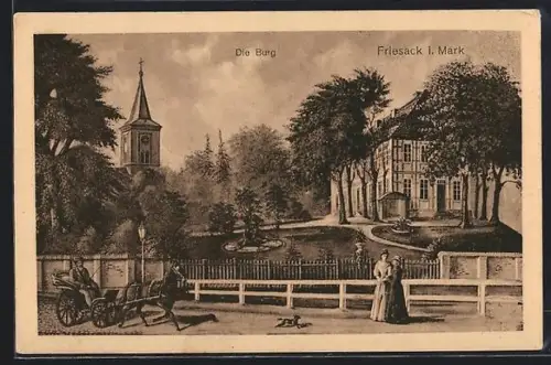 AK Friesack i. Mark, Die Burg, Kutschen und Passanten