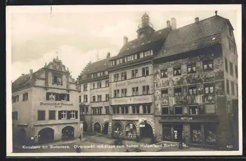 AK Konstanz, Obermarkt mit Gasthof Barbarossa & Haus zum hohen Hafen