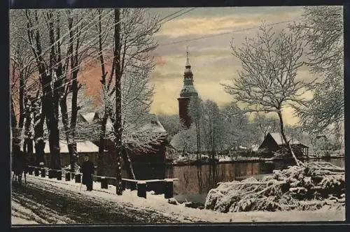 AK Bodenteich, Winterlicher Ort mit Kirchturm