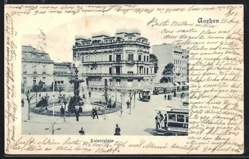 AK Aachen, Kaiserplatz mit Passanten und Strassenbahnen