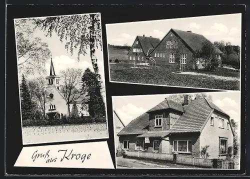 AK Kroge / Walsrode, Geschäftshaus, Schule mit Klettergerüst, Kirche