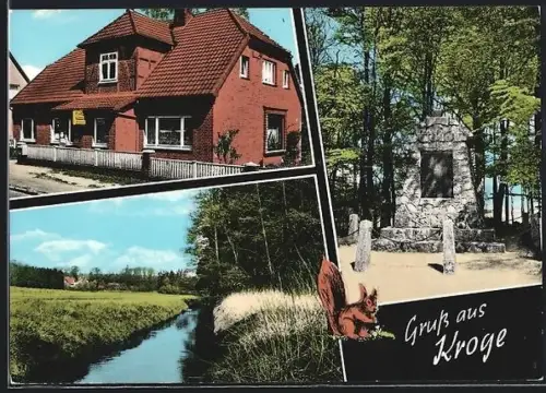 AK Kroge /Lüneburger Heide, Kriederdenkmal, Geschäftshaus, Kanal