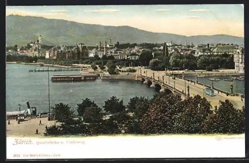 AK Zürich, Quaibrücke und Uetliberg