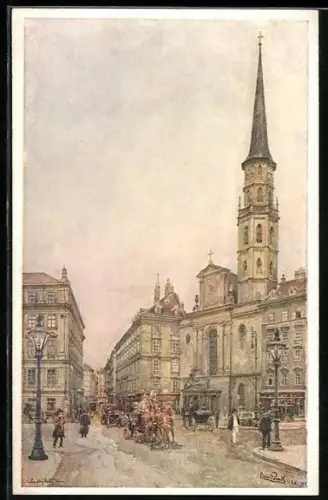Künstler-AK Erwin Pendl: Wien, Michaelerkirche, Pferdekutsche