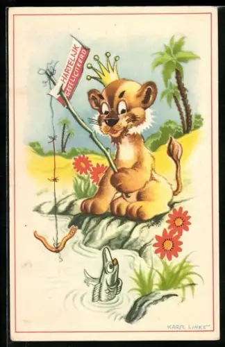 Künstler-AK Karel L. Links: Löwe beim Angeln