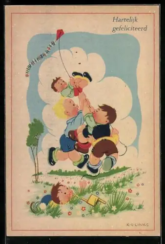 Künstler-AK Karel L. Links: Kinder lassen einen Drachen steigen