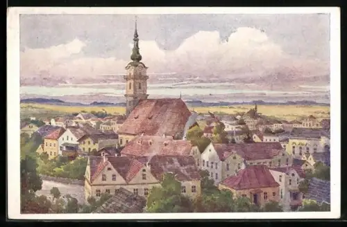 Künstler-AK Ried /Innkr., Teilansicht mit Kirche aus der Vogelschau