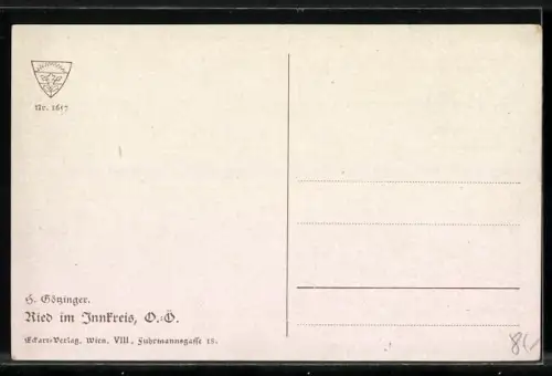 Künstler-AK Ried /Innkr., Teilansicht mit Kirche aus der Vogelschau