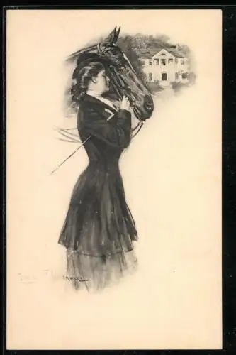 Künstler-AK Clarence F. Underwood: Dame mit Gerte und Pferd