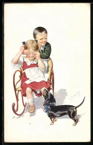 Künstler-AK Karl Feiertag: Dackel mit Kindern