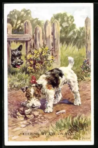 Künstler-AK Florence E. Valter: Kleine Hunde auf einem Feldweg