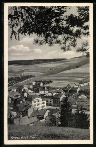 AK Brüsau, Ortsansicht mit Feldern