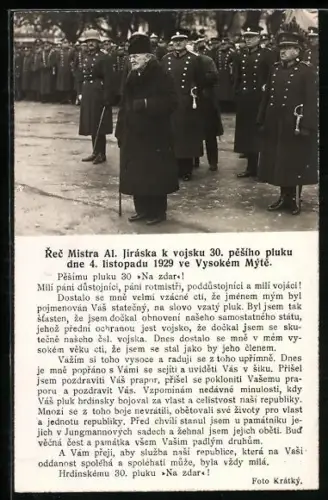 AK Vysoke Myto, Rec Mistra Al. Jiraska k vojsku 30. pesiho pluku dne 4. listopadu 1929