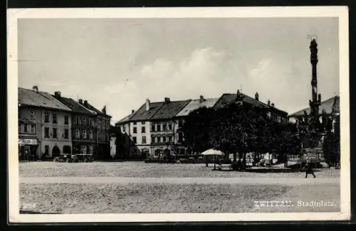 AK Zwittau, Stadtplatz mit Säulendenkmal
