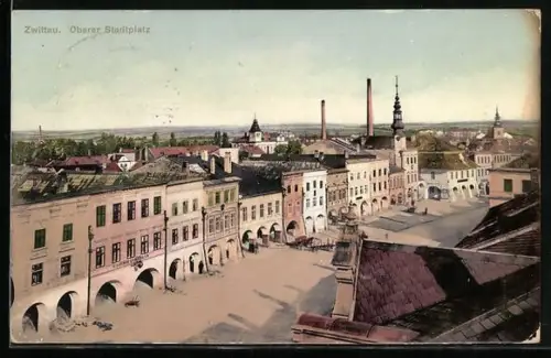 AK Zwittau, Oberer Stadtplatz mit Gasthof aus der Vogelschau