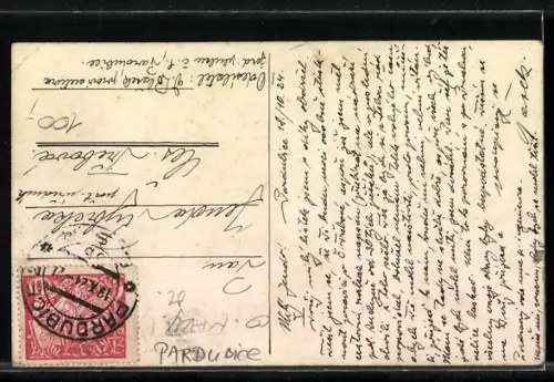 AK Pardubice, Strassenpartie mit Geschäften u. Blick zum Torturm