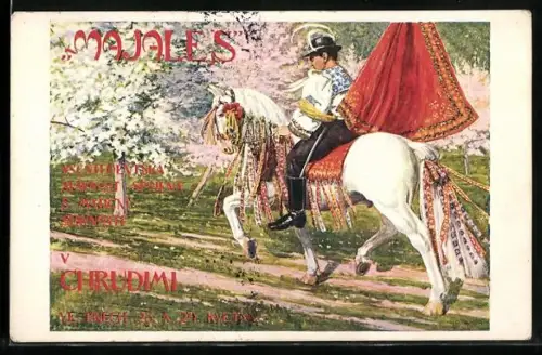 AK Schumberg / Chrudim, Majales, Reiter in Tracht mit Fahne