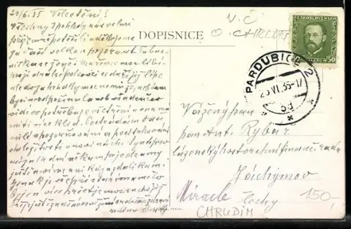 AK Schumberg / Chrudim, Majales, Reiter in Tracht mit Fahne