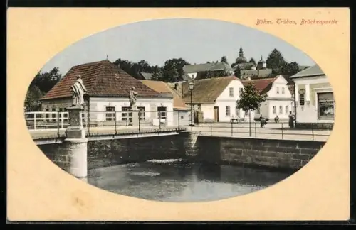 AK Böhm. Trübau, Brückenpartie mit Geschäft, im Rahmen