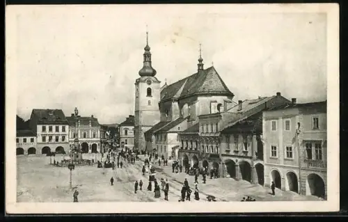 AK Zwittau, Oberer Stadtplatz aus der Vogelschau, mit Turm