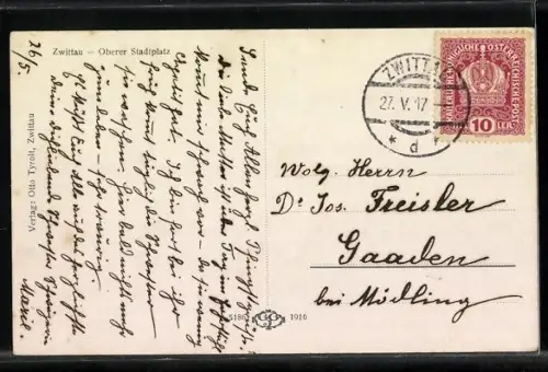 AK Zwittau, Oberer Stadtplatz aus der Vogelschau, mit Turm