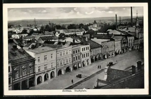 AK Zwittau, Stadtplatz und Ortsansicht aus der Vogelschau