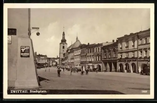 AK Zwittau, Stadtplatz mit Böhmische Union-Bank, Turm