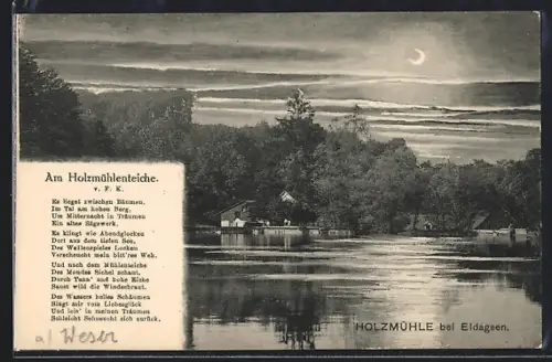 AK Eldagsen / Springe, Gasthof Holzmühle, Holzmühlenteich, Waldlandschaft im Halbmondlicht