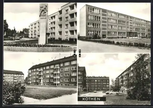 AK Köthen / Anhalt, Juri-Gagarin-Strasse mit Gedenkstein, Schule der Völkerfreundschaft, Franz-Mehring-Strasse