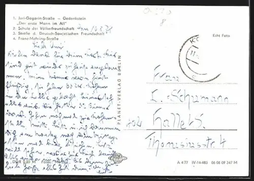AK Köthen / Anhalt, Juri-Gagarin-Strasse mit Gedenkstein, Schule der Völkerfreundschaft, Franz-Mehring-Strasse