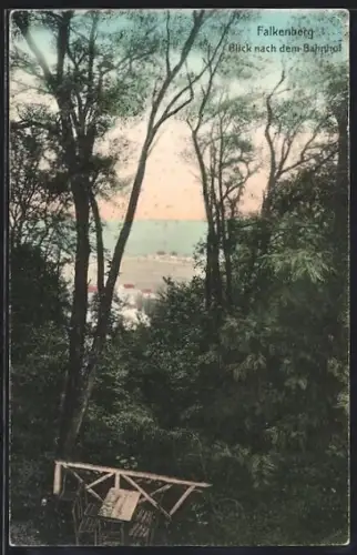 AK Falkenberg / Mark, Blick aus dem Wald in Richtung des Bahnhofs