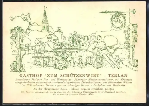 Künstler-AK Terlan /Bozen, Gasthof zum Schützenwirt, Gäste im Garten mit Blick zum Schloss
