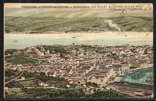 Lithographie Triest, Panorama von Triest, Blick von Opcina aus