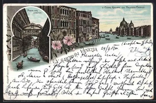 Lithographie Venezia, Ponte del Sospiri, Il Canal Grande col Palazzo Cavalli