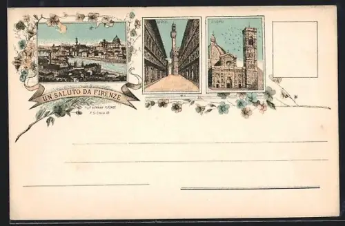 Lithographie Firenze, Uffizi, Duomo, Panorama