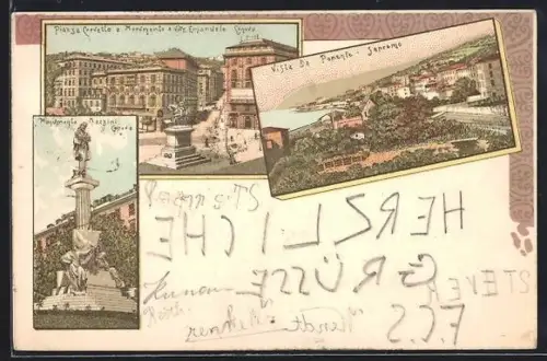 Lithographie Sanremo /Ponente, Monumento Mazzini Gnova, Piazza Corvello e Monumento a Nitt. Emanuele
