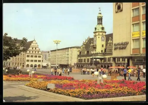 AK Leipzig, Altes Rathaus mit Messehaus am Markt