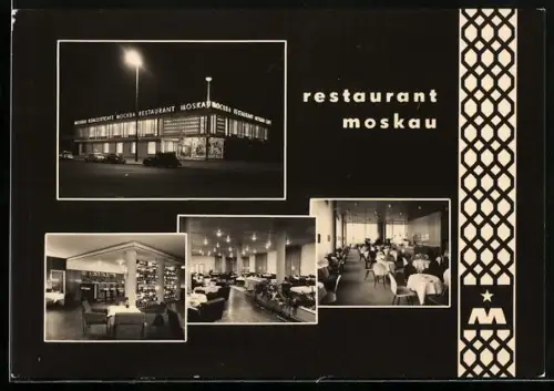 AK Berlin, Restaurant Moskau bei Nacht, Interieur und Exterieur