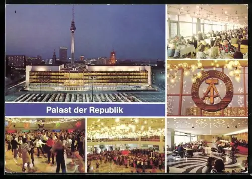AK Berlin, Palast d. Republik-Palastrestaurant, Emblem Eingangsfoyer, Gr. Saal, Hauptfoyer, Jugendtreff