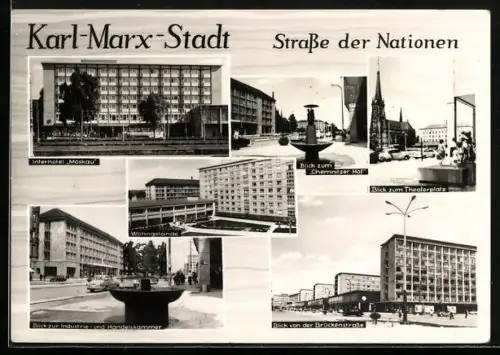 AK Karl-Marx-Stadt, Interhotel Moskau, Chemnitzer Hof, Theaterplatz, Industrie- und Handelskammer
