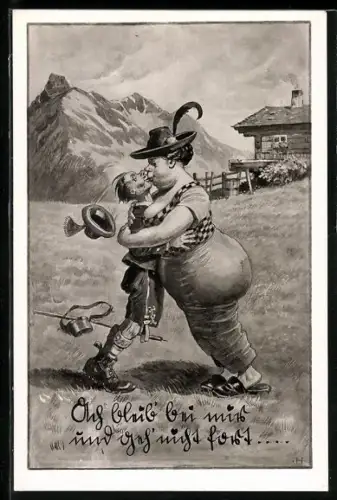 Künstler-AK Grosse Frau küsst kleinen Mann auf einer Bergwiese