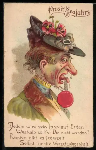 AK Frau mit zugebundener Zunge, Neujahrsgruss