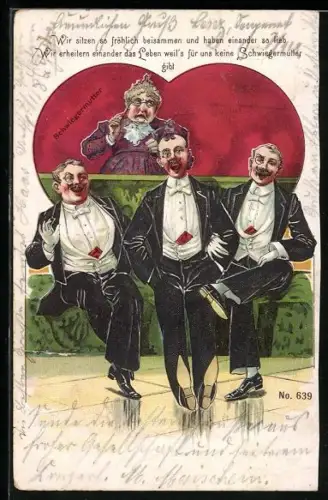 AK Drei Herren mit Monokeln und Schwiegermutter