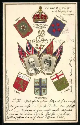 AK Coronation 1902, Porträt König Edward VII. von England mit Gemahlin, Wappen