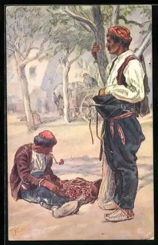 Künstler-AK Spalato, Männer in Tracht mit Tabakspfeifen