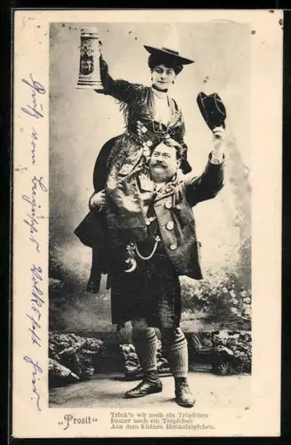 Künstler-AK Prosit, Feister Bürger mit Fräulein auf der Schulter