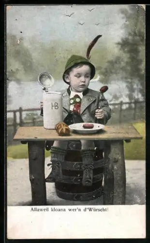 AK Kind mit HB-Bierkrug isst Würstchen