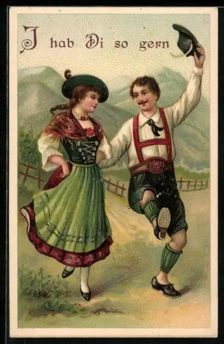 AK Paar in Tracht beim Volkstanz, I hab Di so gern