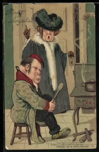 Künstler-AK Frau in Winterkleidung und Mann am Herd kocht eine Suppe, Scherz
