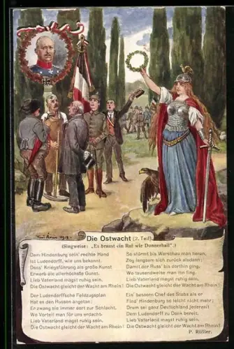 Künstler-AK Germania mit Adler und Kranz, Die Ostwacht 2. Teil, Erich Ludendorff